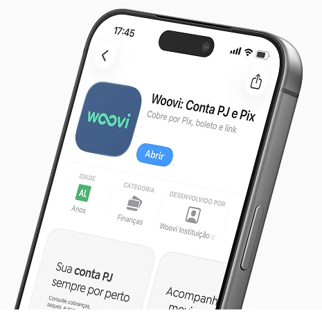 Página do app Woovi: Conta PJ e Pix na loja de aplicativos, vista em um iPhone