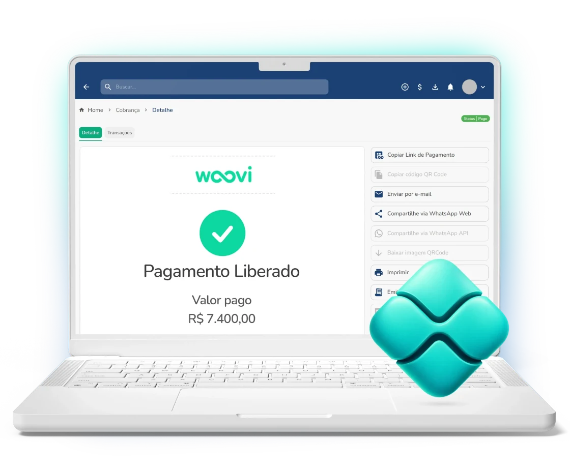 Painel da Woovi mostrando um pagamento liberado da conta escrow