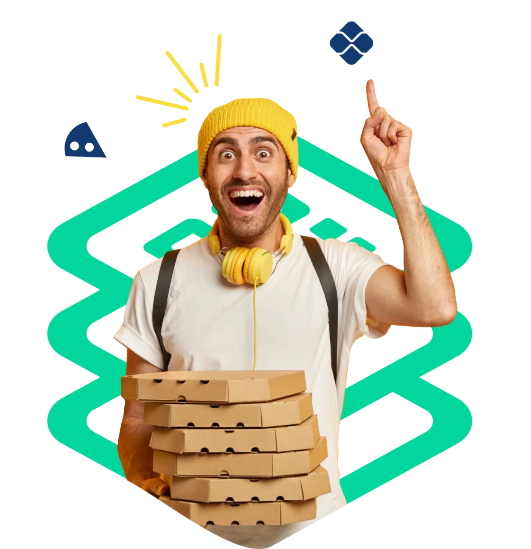 Um homem feliz com sua pizza e pix