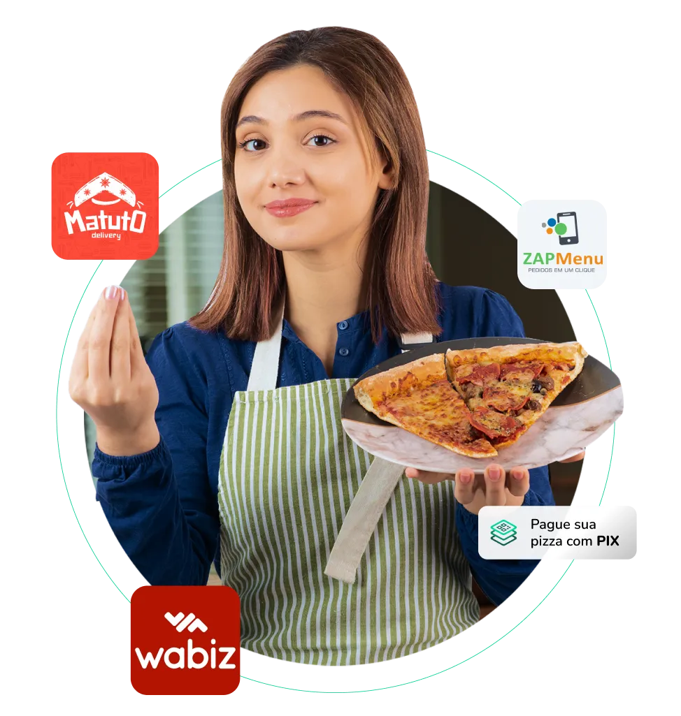 Mulher com uma fatia de pizza nas mãos e as logo tipos dos parceiros: Wabz, Menu Zap, Matuto Delivery