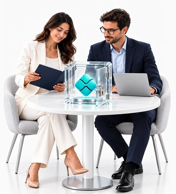 Duas pessoas em reunião com um cofre transparente sobre a mesa